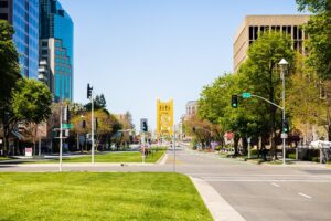 View of the Capitol Mall in downtown Sacramento, California; the Tower Bridge in the background