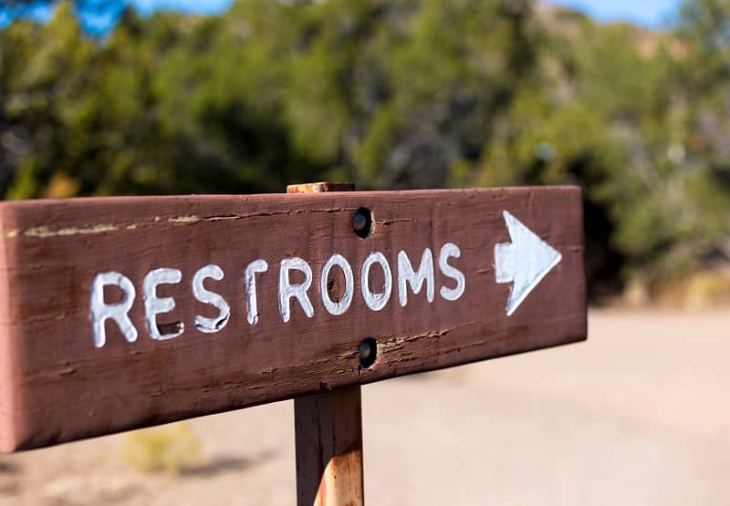 Wooden Outdoor Sign Pointing to RESTROOMS-cm