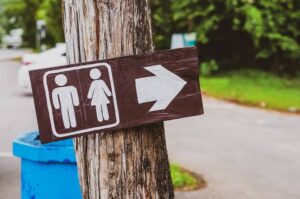 Toilet sign of outdor restroom at public park.-cm