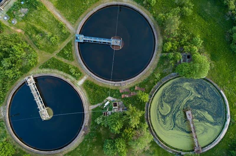Aerial view of purification tanks for wastewater-cm