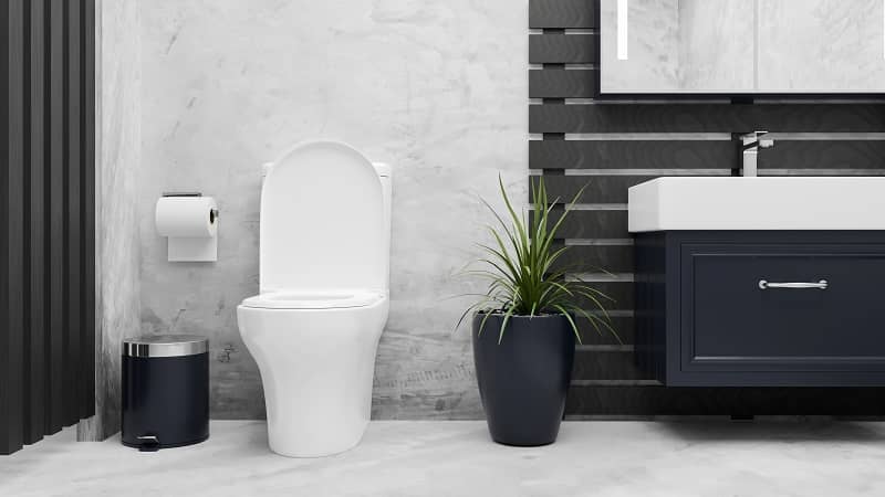 Modern elegance bathroom interior with toilet bowl, ceramic washbasin in marble floor and loft wall -cm
