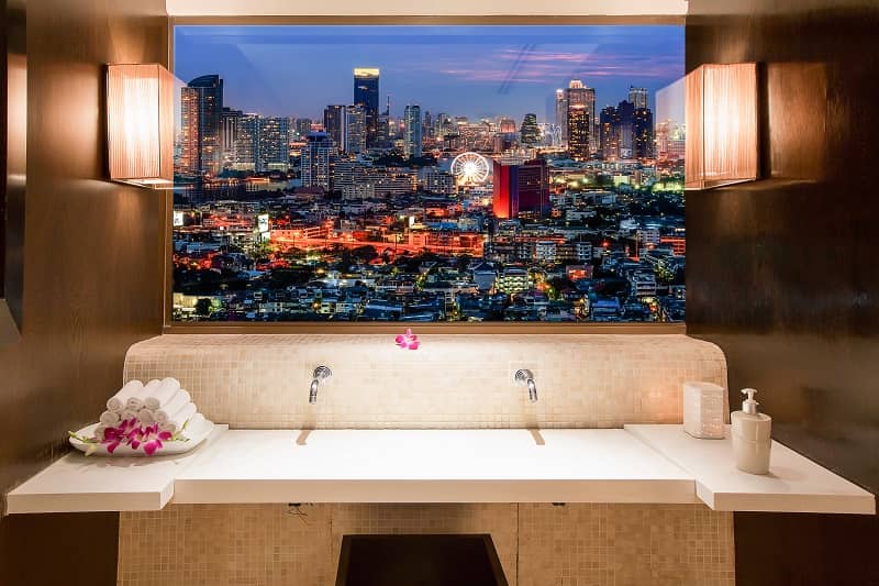 Bangkok cityscape. view through window in room-cm