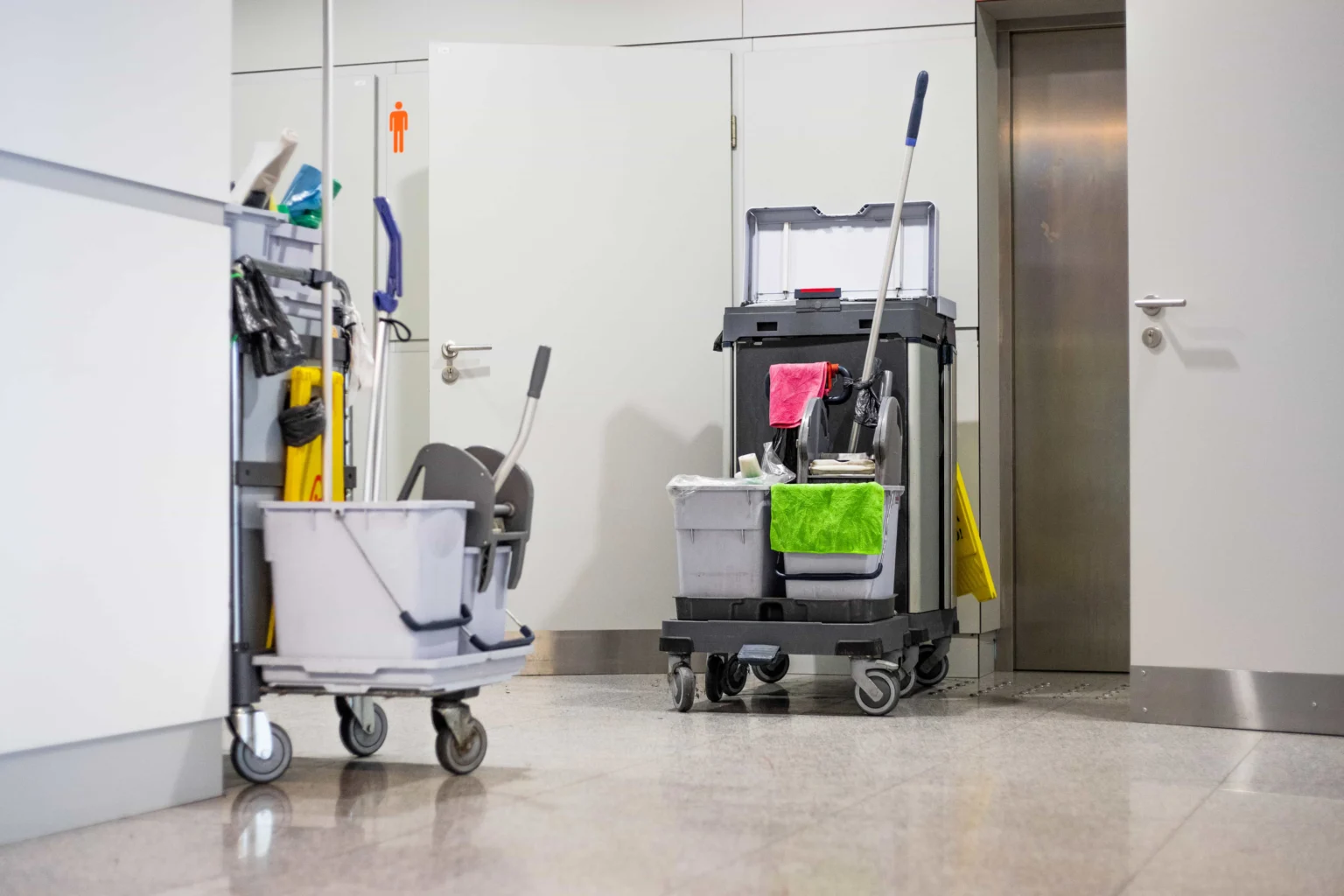 Photo of cleaning cart with tools and buckets standing near restroom door at airport.jpg